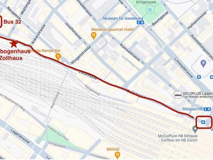 Stadtplan mit Weg vom Bus zum Zollhaus