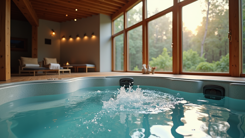 Wide angle view of a stylish hot tub with an energy-efficient design