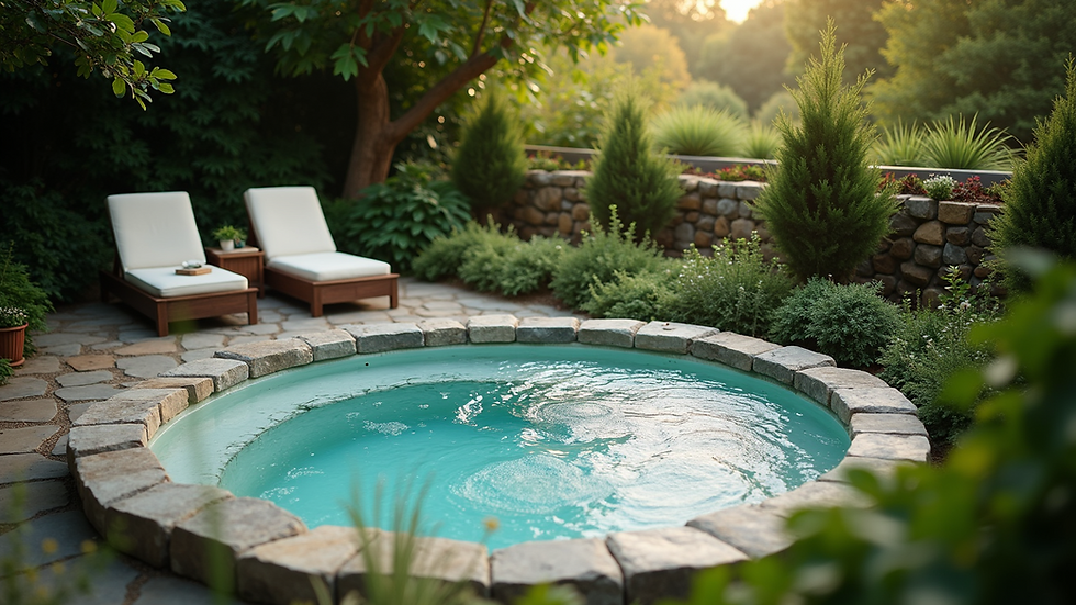 High angle view of a large hot tub surrounded by greenery