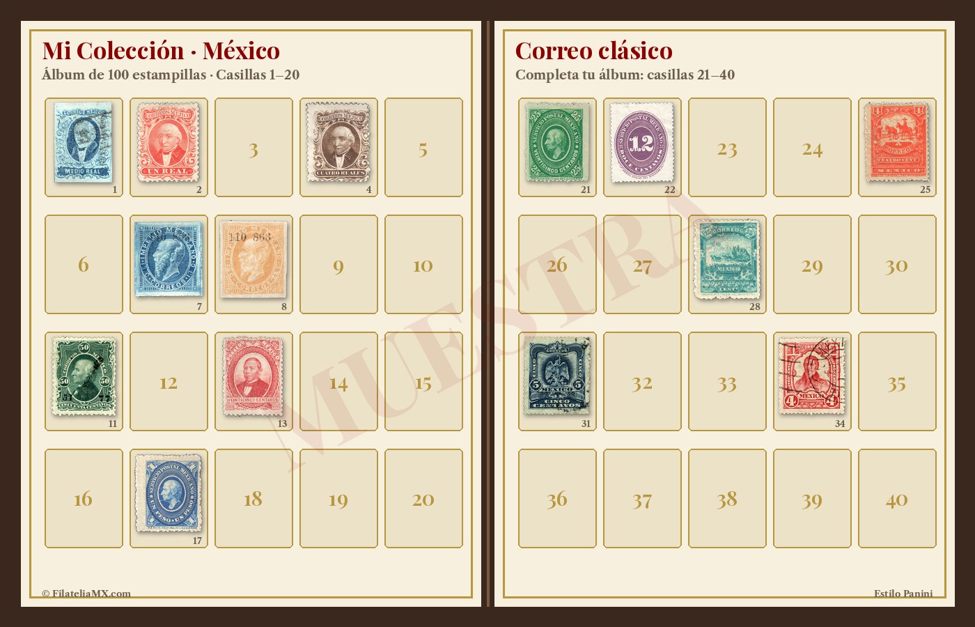 Muestra del álbum estilo Panini con casillas numeradas y estampillas mexicanas clásicas