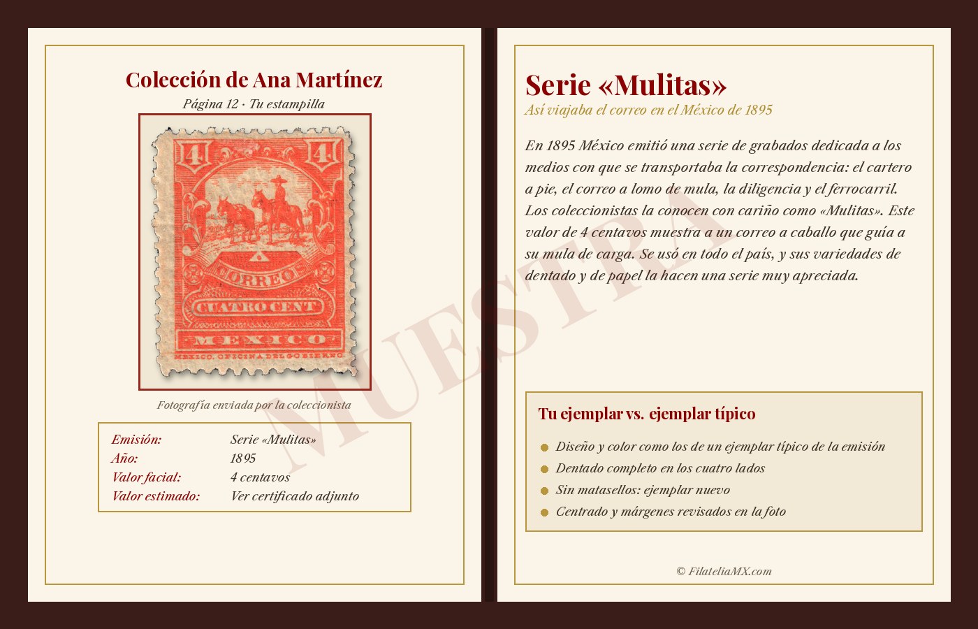 Muestra de una página del álbum PDF con una estampilla mexicana de 1895