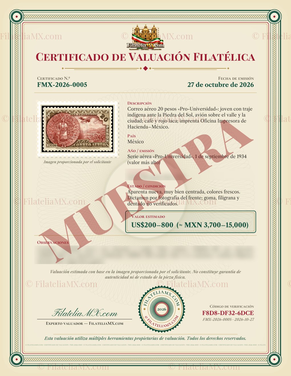 Certificado de valuación de muestra