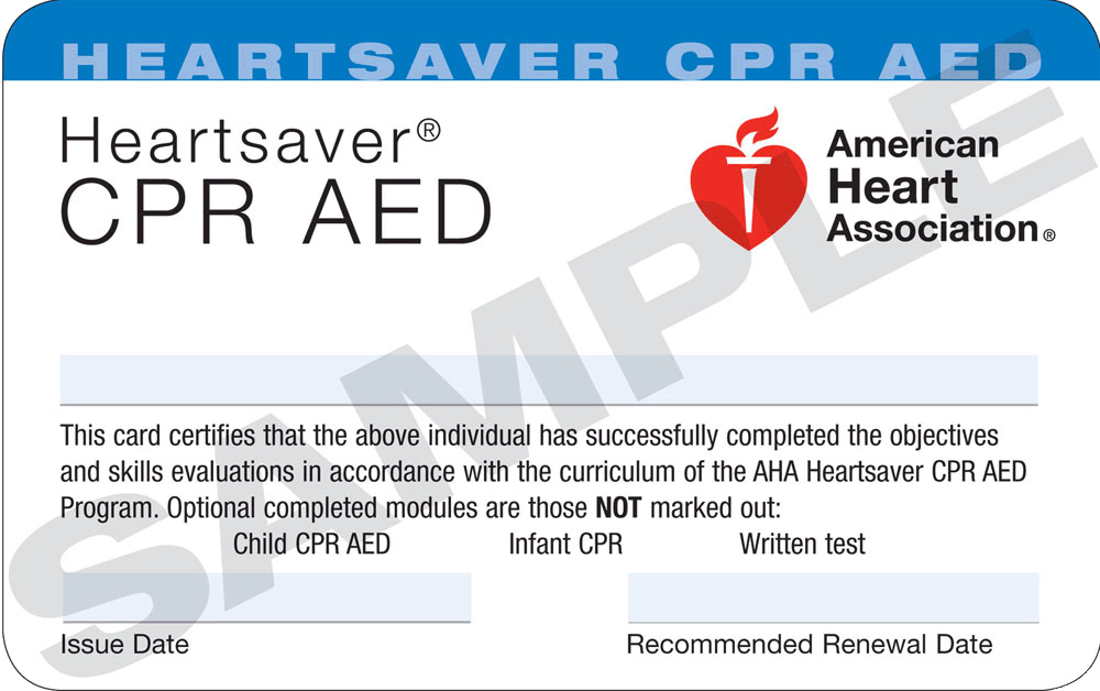 Example of Heartsaver CPR AED certification card