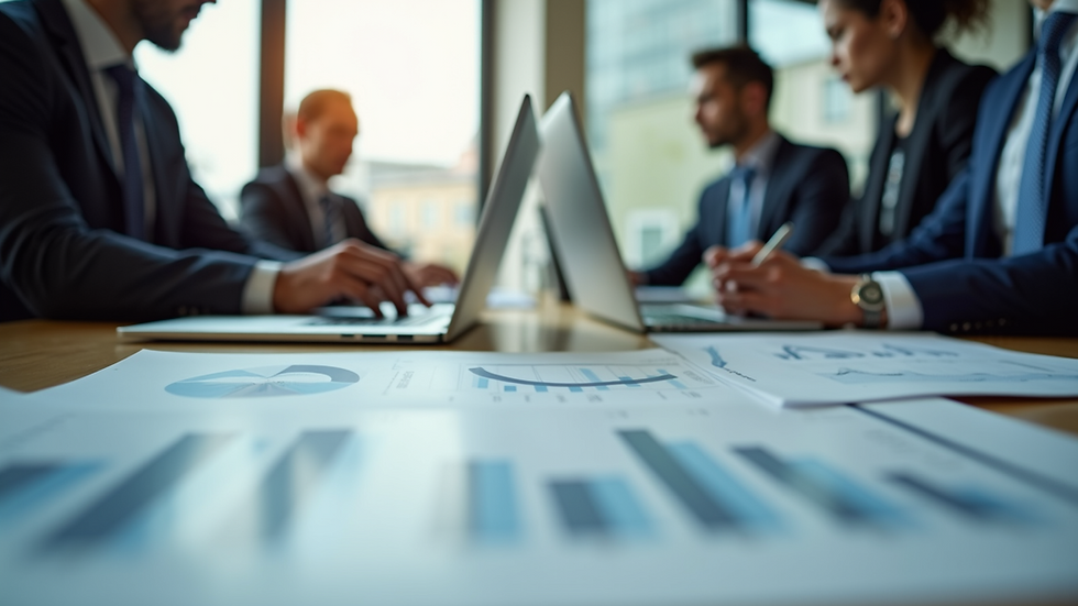 Eye-level view of a business meeting with charts and laptops on the table