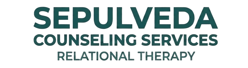 Sepulveda Counseling logo with teal text on black backdrop