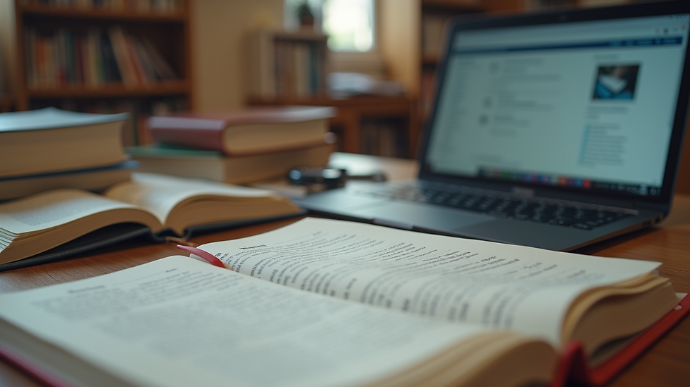 Eye-level view of a student’s desk with textbooks and a laptop open to study materials