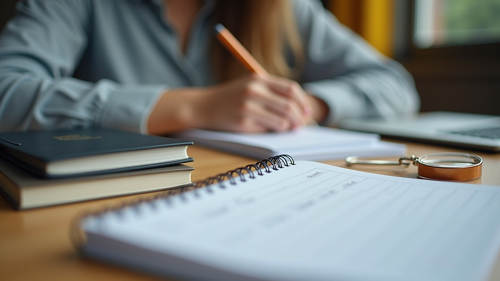 Eye-level view of a student’s desk with organized study materials and a planner