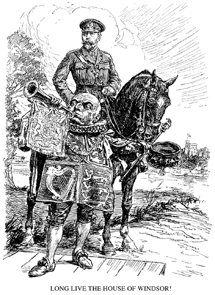 Cartoons satirising King George V following the change of the Royal House to "Windsor" and The King "sweeping away" his family's German titles ​