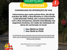 Ruas Roraima e Emílio Leobet terão interdição temporária nesta quinta-feira (09)