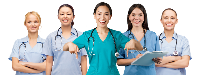 Five young female nurses smiling