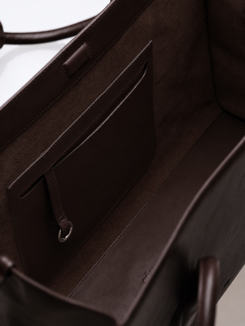MATEO handcrafted leather tote bag in rich chocolate brown - inside detail with pocket and o ring for you to clip your keys.