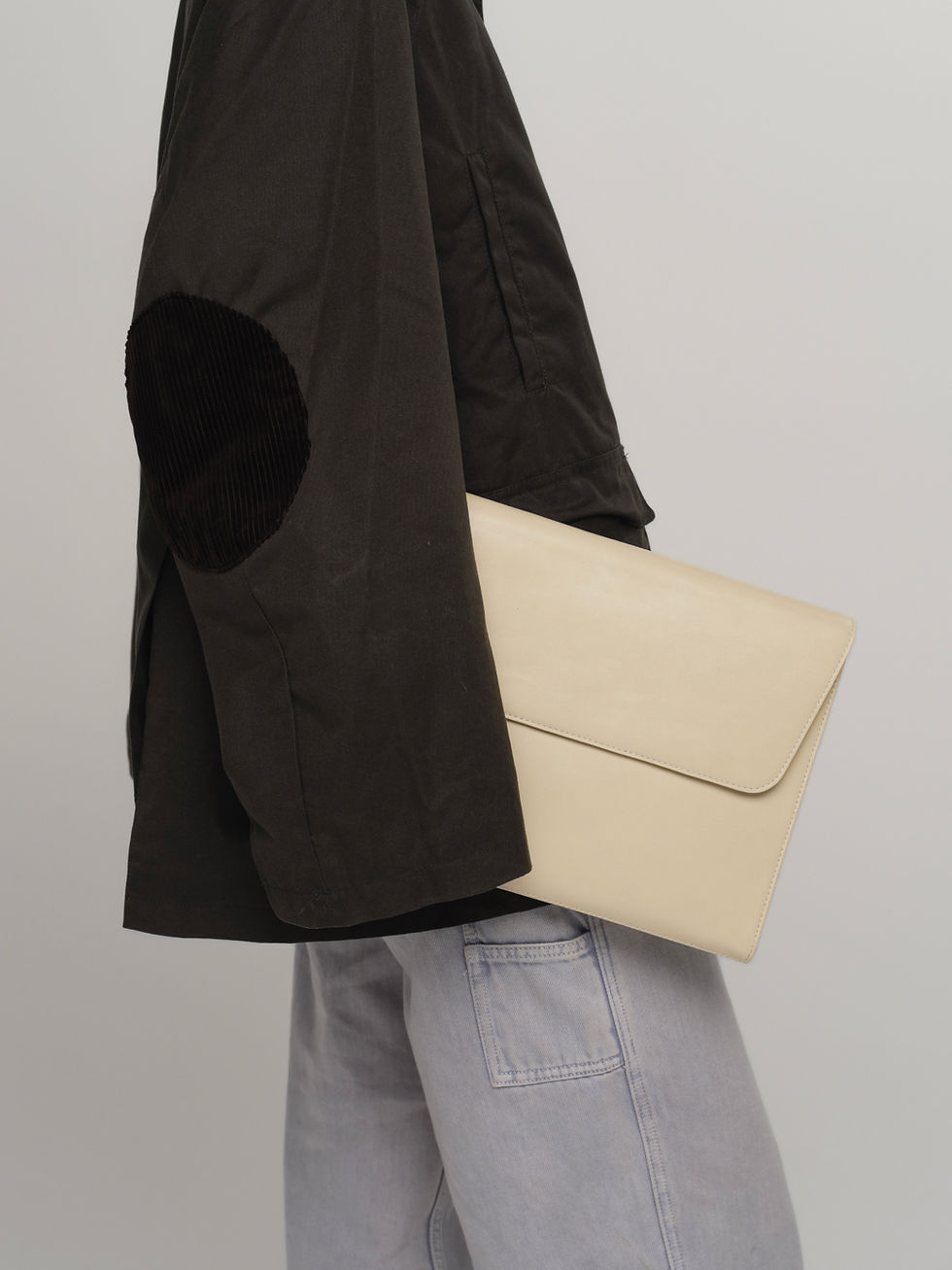 CLEO maxi envelope leather clutch in soft butter cream leather - front view