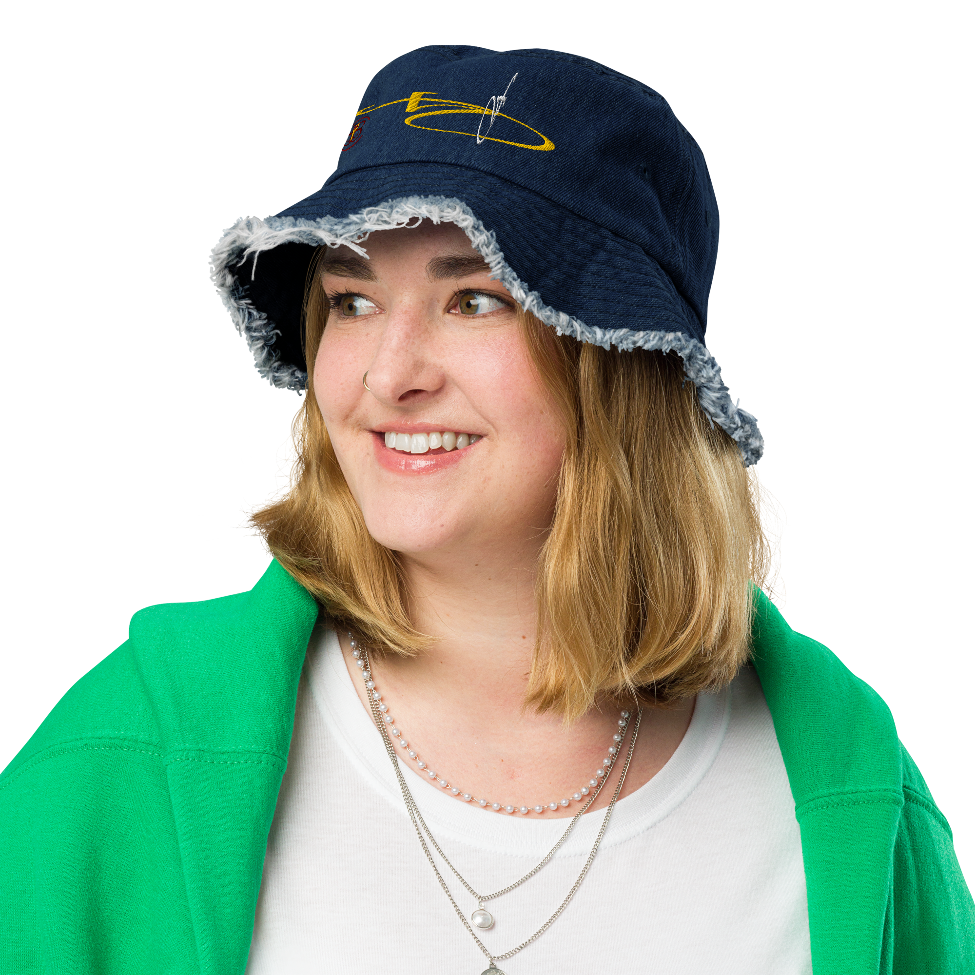 W: hats+: "FemYnYnn", distressed denim bucket