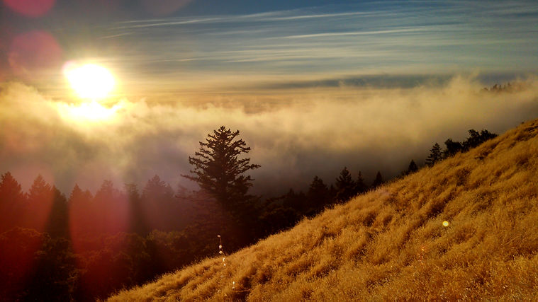 Scenic background photo of a grassy hill, clouds and the sun near the horizon.