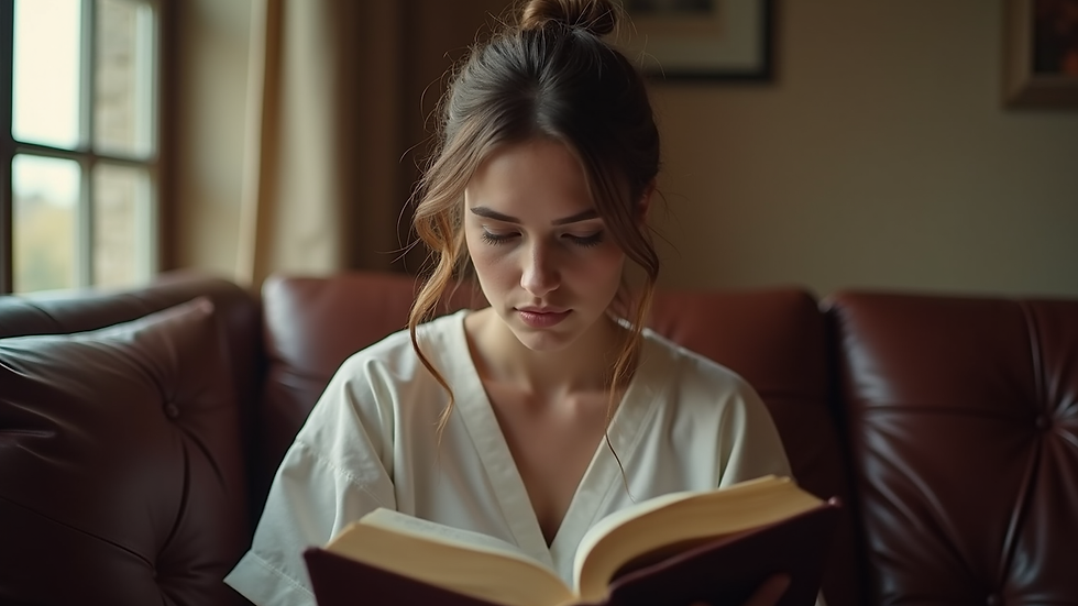 Eye-level view of a woman reading a Bible in a cozy room