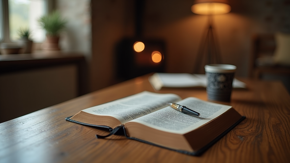 Eye-level view of a cozy room with a Bible and journal on a wooden table