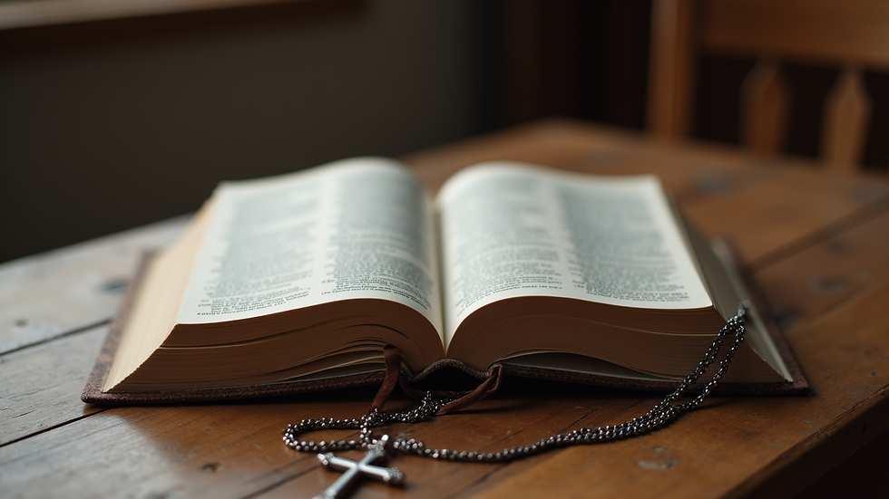 Close-up view of a Bible open on a table with a cross necklace beside it