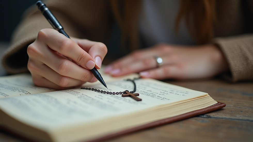 Close-up of a woman writing in a journal with a cross necklace beside her