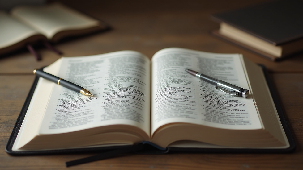 Close-up view of a Bible open on a table with a pen and notebook ready for notes
