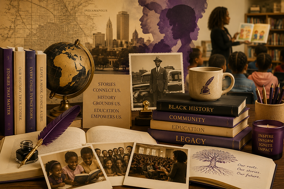 Warm-toned collage of books, globe, historical photos, and classroom scene