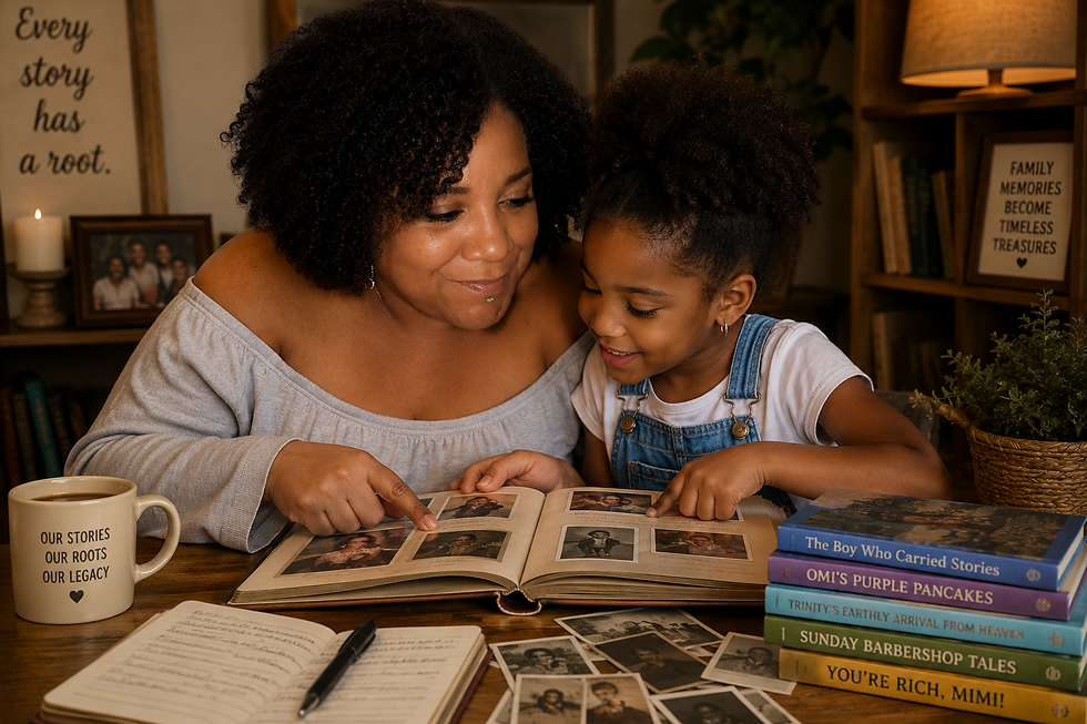 Dr. Michelle Dartis and a young child looking through a family photo album together
