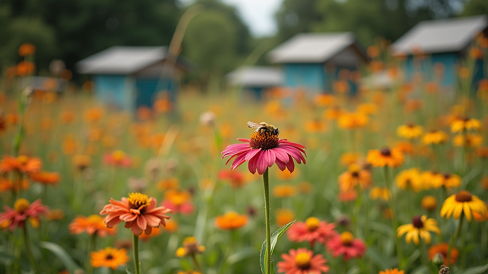 High angle view of a colorful wildflower garden near beehives