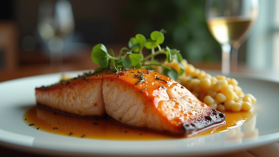 Eye-level view of a plate with honey glazed salmon and steamed vegetables