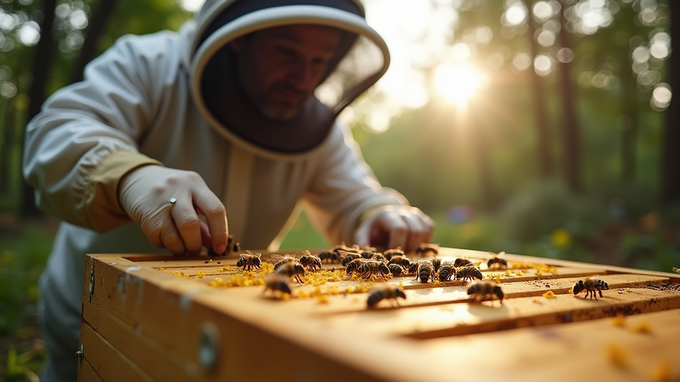 Eye-level view of a beekeeper inspecting a natural beehive outdoors