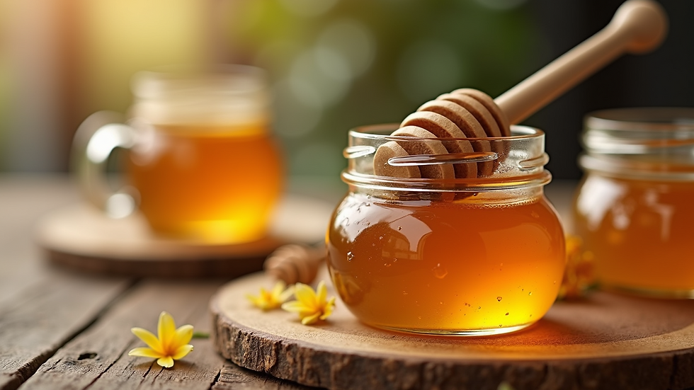 Close-up view of a jar of crystallized honey with a honey dipper