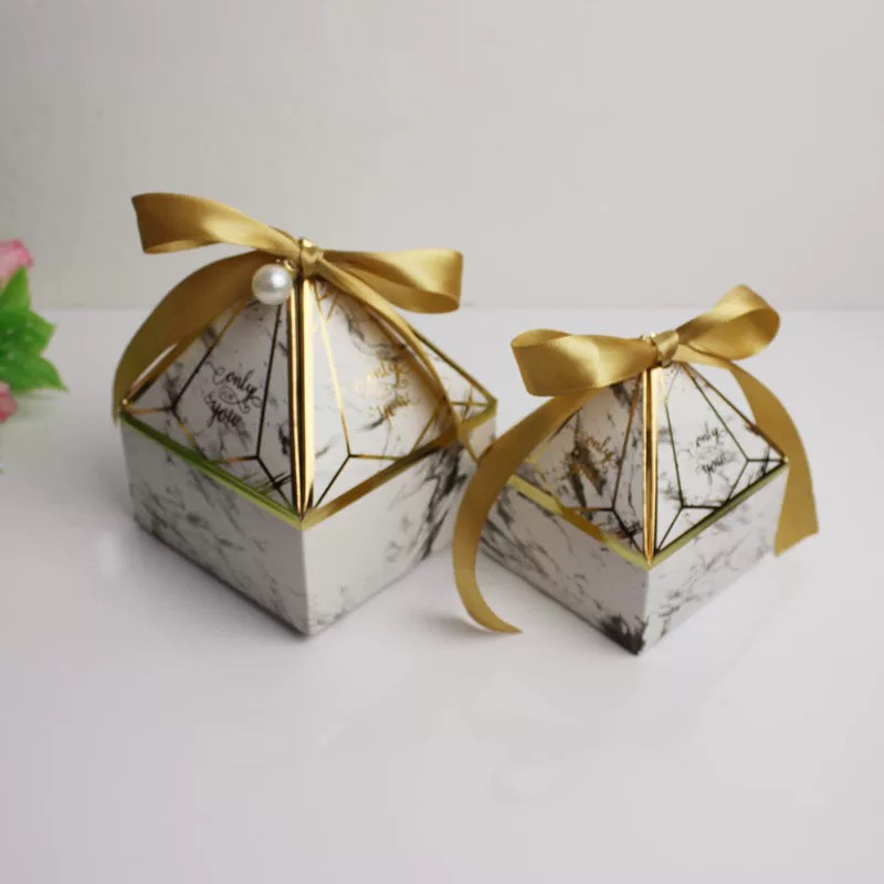 Thumbnail: Triangle Pyramid Paper Box Wedding Peal Ribbon Candy Chocolate Favor Gift