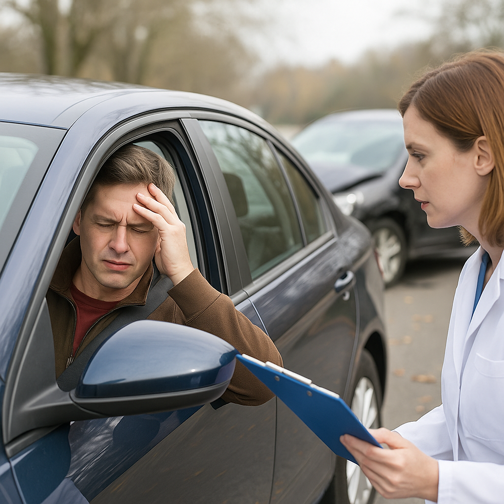 Doctor assisting an injured driver at the scene of a car accident, with the driver holding his head in pain and two damaged vehicles in the background.