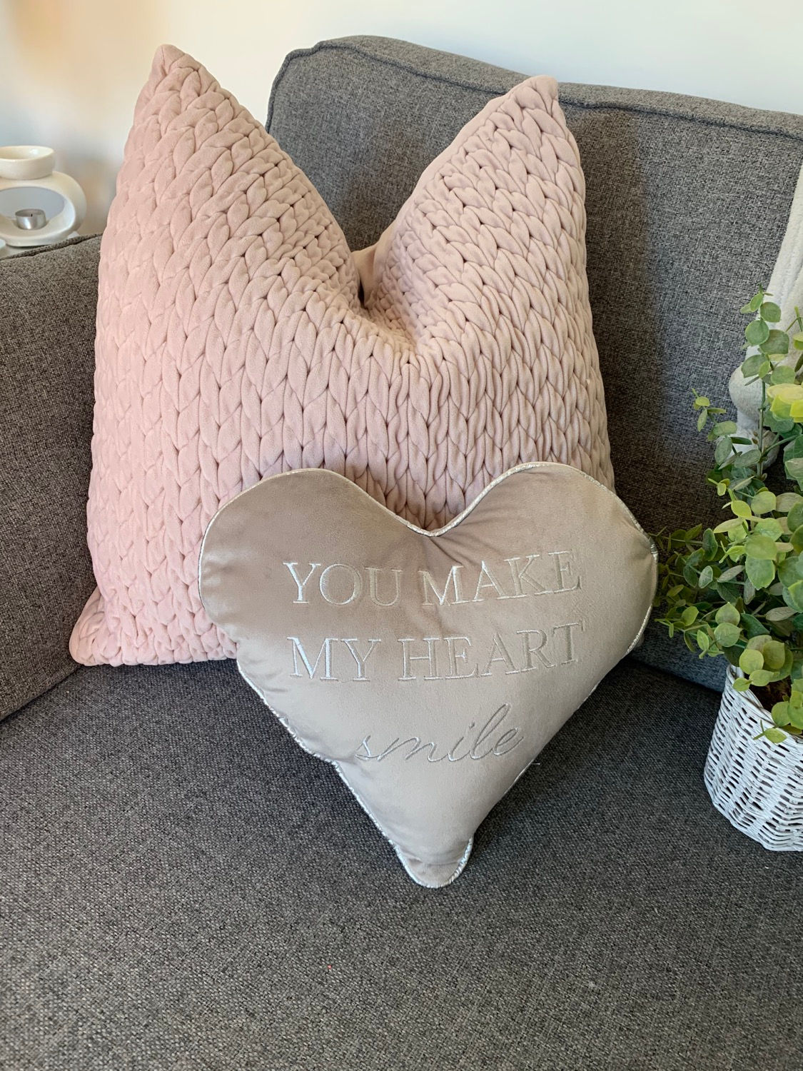 You make my heart smile grey and silver cushion