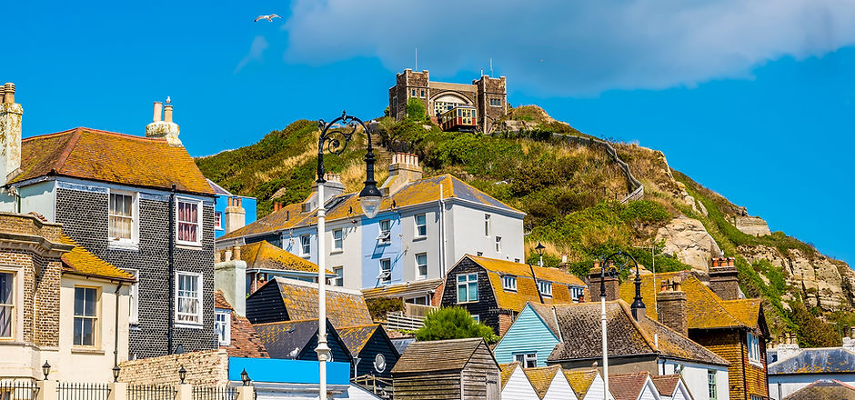 The unique and individual buildings of Hastings old town dominated by the east cliff and f