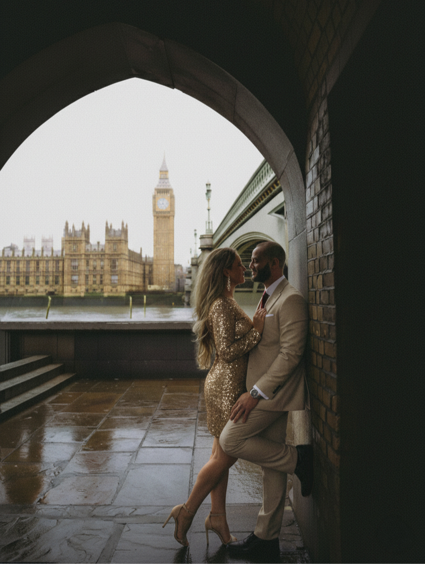 Couple in formal wear meet in London with Big Ben view UK