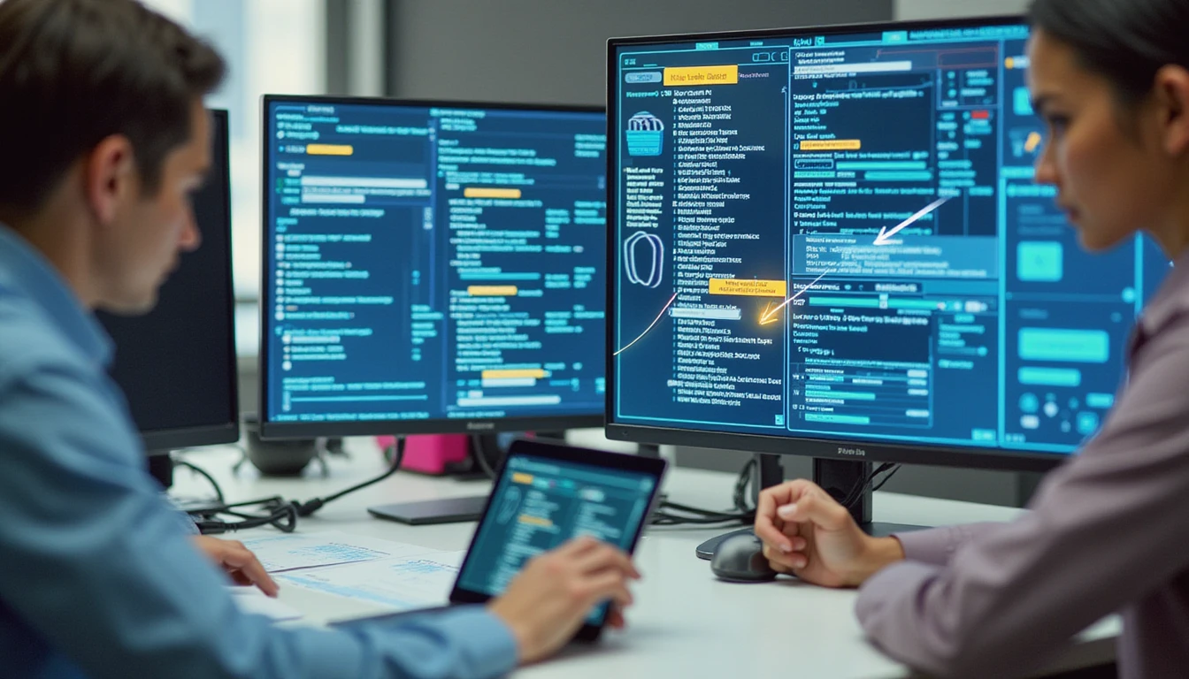 Professionals review digital claims on transparent screens with AI fraud detection and GDPR-compliant security overlays