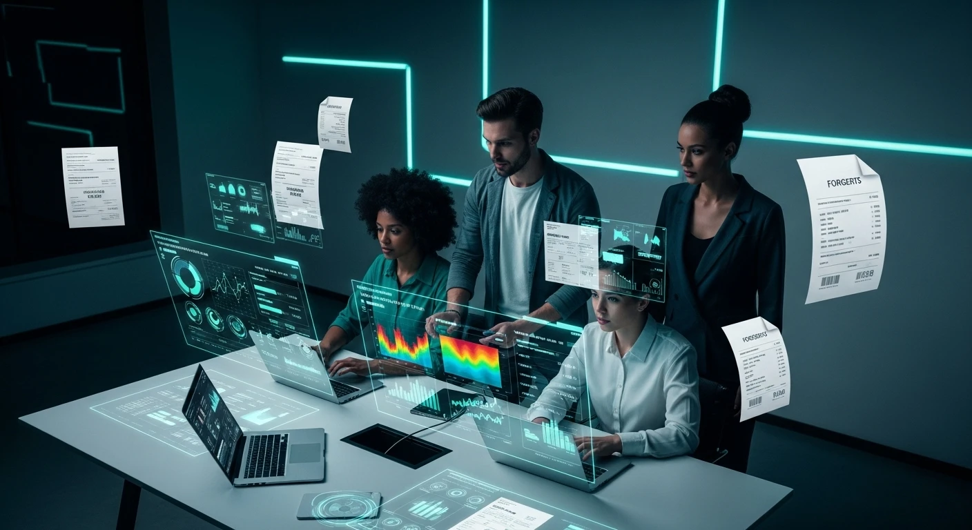 Eine scharfe, realistische Szene, die ein KI-System zeigt, das digitale Rechnungen analysiert, um gefälschte Rechnungen im E-Commerce zur Betrugsprävention zu erkennen.