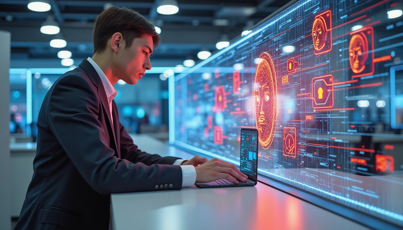 Professional in high-tech insurance office analyzing claims via VAARHAFT Fraud Scanner on futuristic neon-lit transparent interface