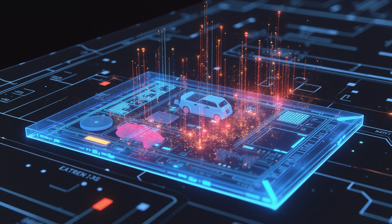 Futuristic AI-powered scanner analyzes an image for fraud, highlighting manipulations with neon-glowing data streams on a holographic display.
