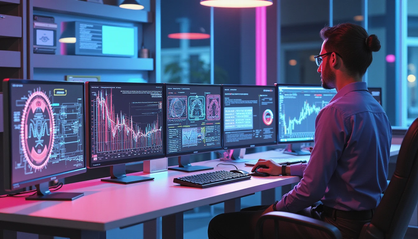 Futuristic insurance office with pros analyzing fraud on holographic screens, featuring AI-driven deepfake detection visuals