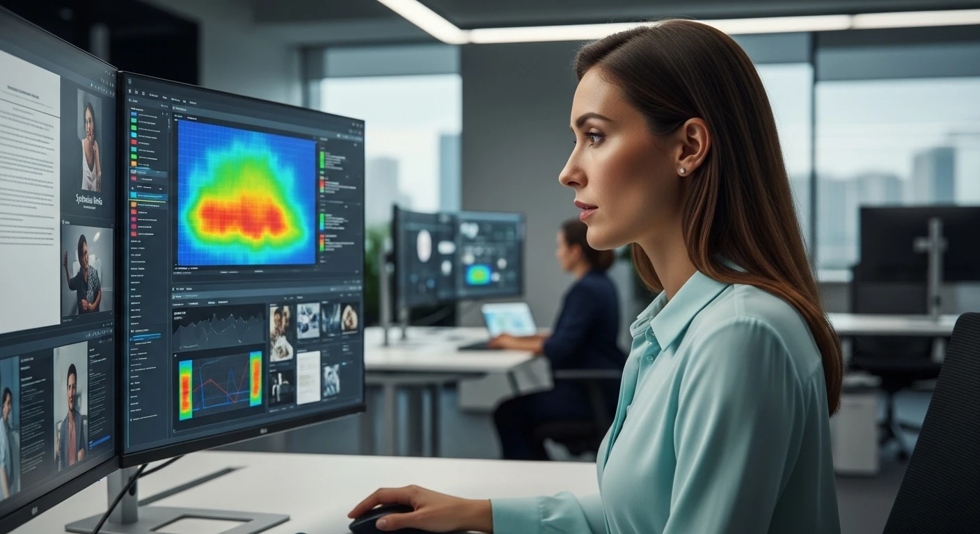A sharp, realistic scene depicting a tech-driven office with digital forensic tools analyzing image and document authenticity for FraudTech.