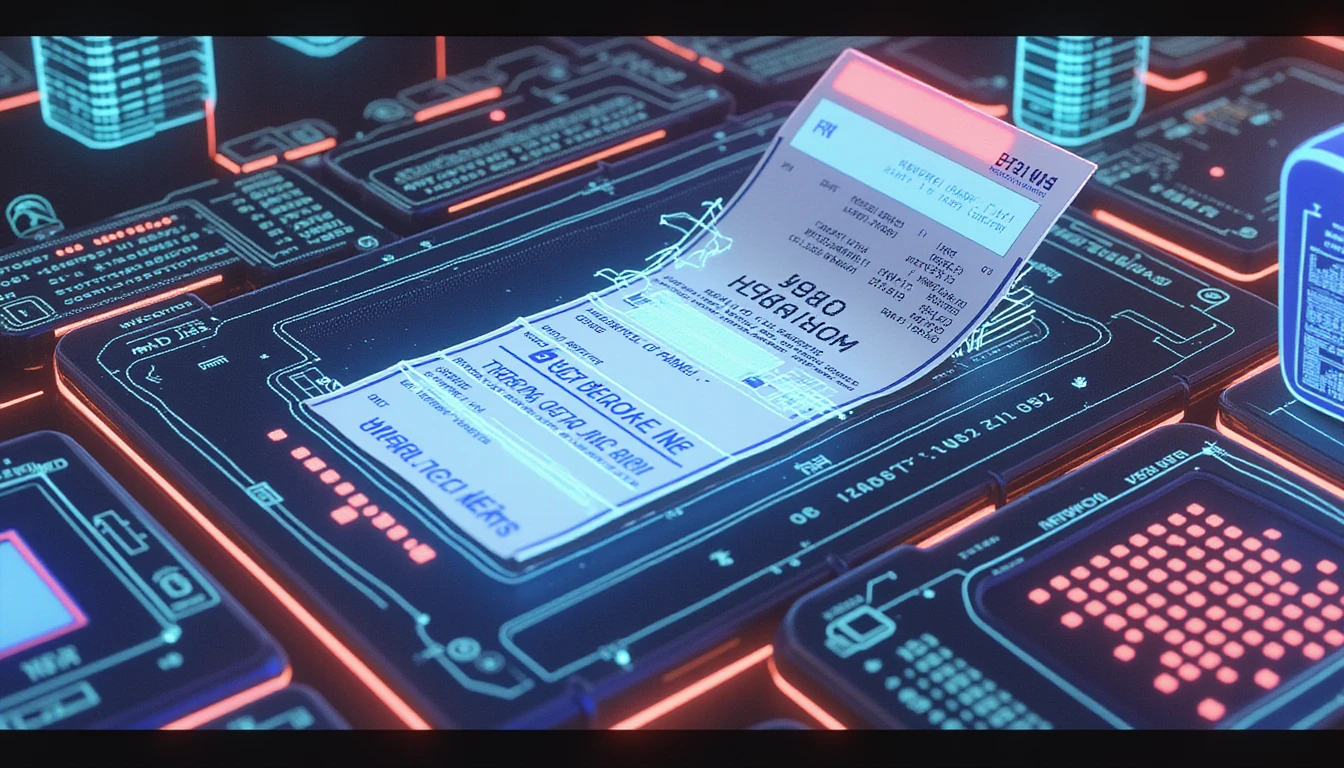 Futuristic AI interface scanning a digital receipt for fraud, with neon data streams, holograms, and security overlays