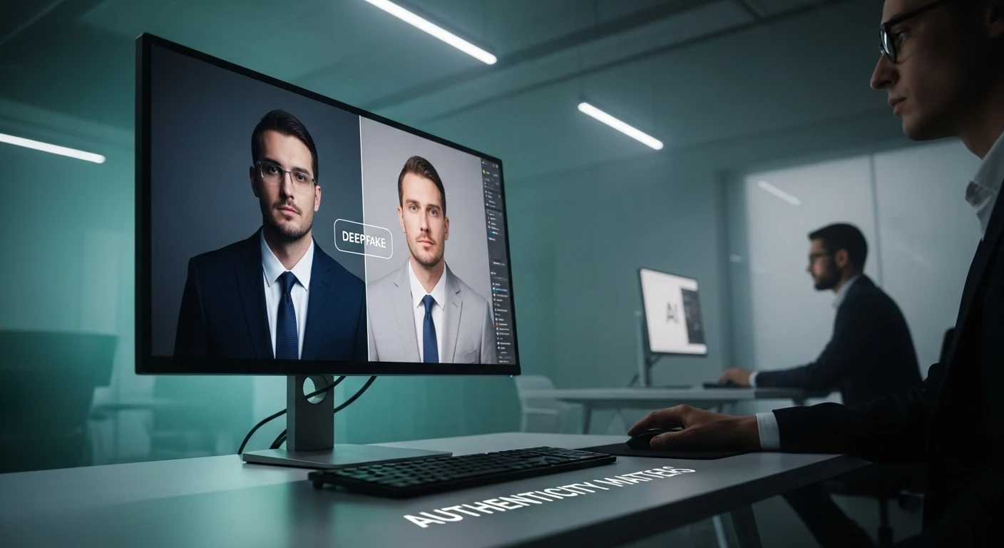 AI tools for media authenticity checks: a sleek digital interface analyzing images, reflecting a modern and secure media environment.