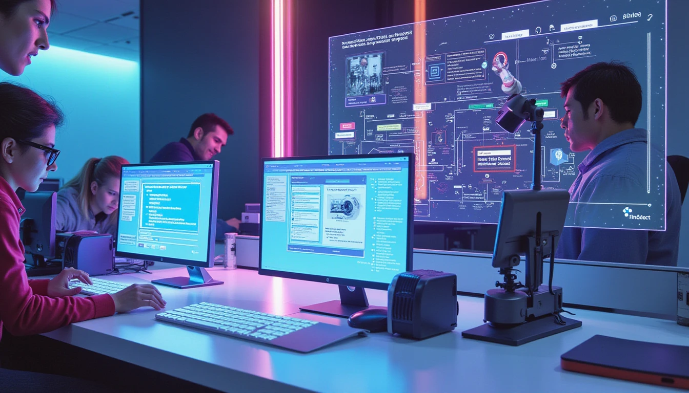 Futuristisches Versicherungsbüro mit KI-System, das medizinische Dokumente scannt und Betrug durch neonbeleuchtete Warnungen und Datenflussgrafiken hervorhebt.