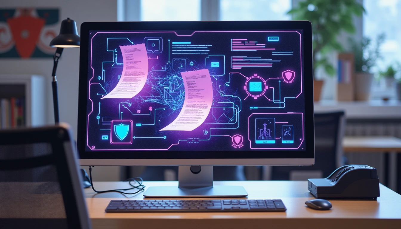 Futuristic digital workspace showing AI-powered receipt verification with neon interface and fraud detection visualization
