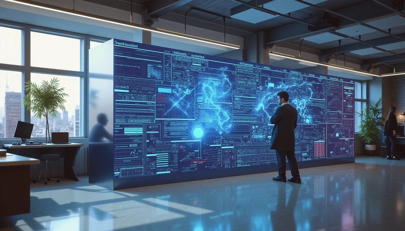 Futuristic insurance office with AI-driven fraud detection, neon-lit data streams, and professionals analyzing life insurance files