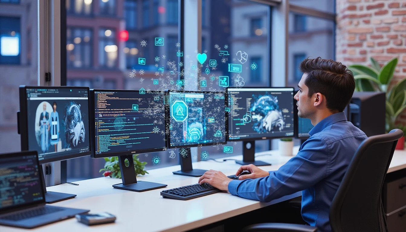 Professional in modern insurance office analyzing claims on screen, with AI fraud detection visuals and cybersecurity interface elements