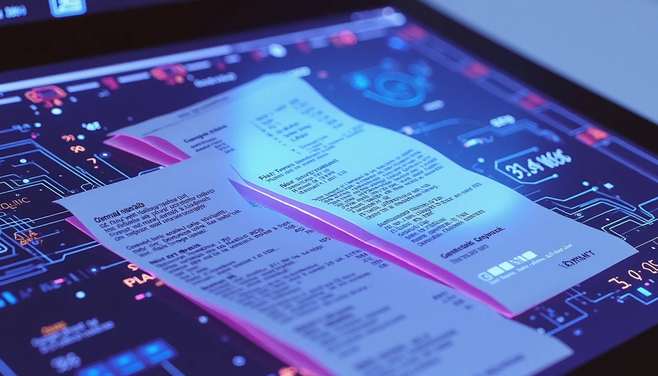 AI analyzing a forged receipt in a neon-lit digital workspace with metadata layers and circuit-like pattern recognition visuals