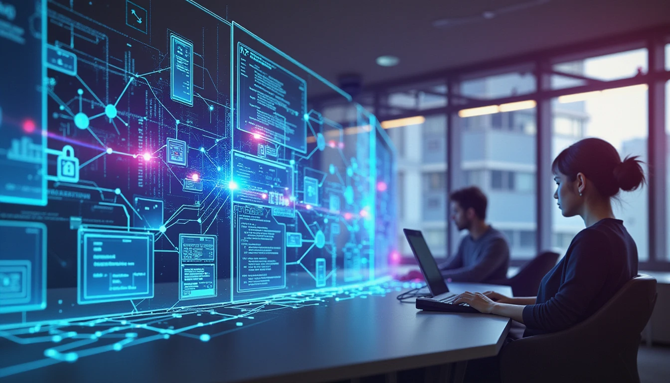 Professionals analyze financial data on transparent screens with AI fraud detection and blockchain-secured document verification.