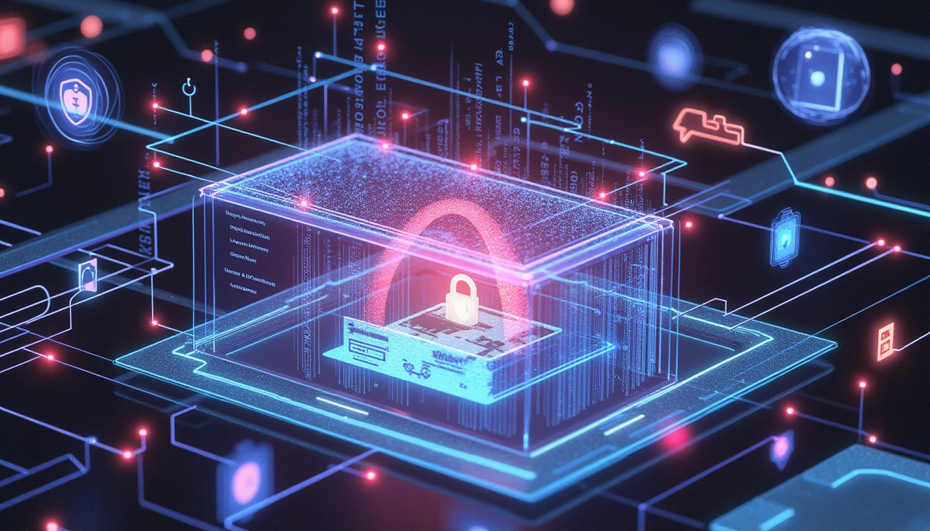 Futuristic AI-driven fraud detection interface with holographic data, glowing verification symbols, and secure document scanning.