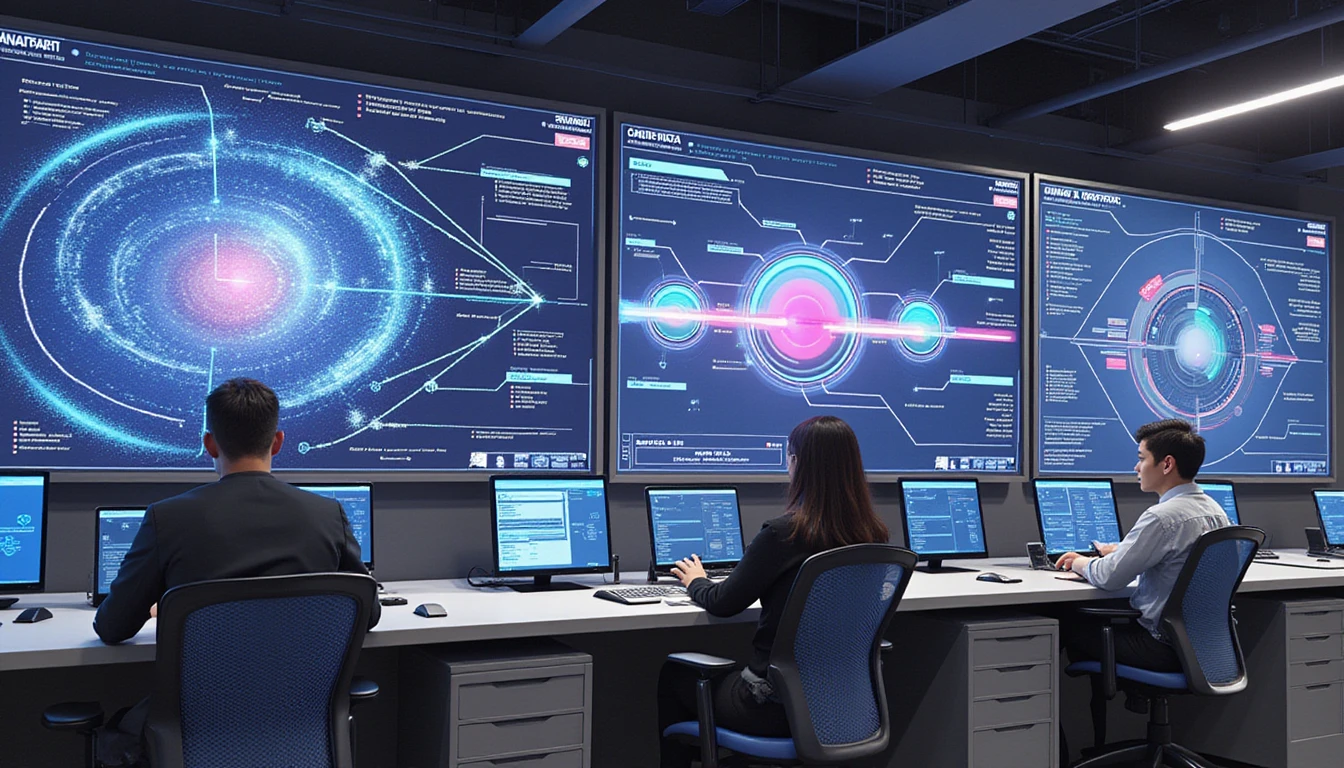 Professionals analyze documents on digital displays with AI fraud detection overlays in a futuristic insurance operations center